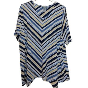 Catherine's Women's 1X Striped Blue Yellow Sharkbite Hem Short Sleeve Top Flowy